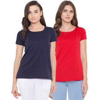 Haoser Navy Blue / Red Half Sleeves Round Neck women tshirts stylish western ( Pack of 2 )