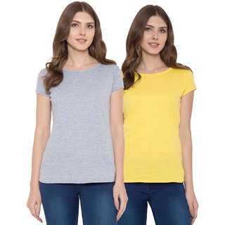 Haoser Light Grey/Yellow Pure Cotton Women's T-shirt ( Combo Set of 2 )