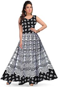 FrionKandy Women's Black  White Cotton Jaipuri Printed Long Maxi Dress/ Gown