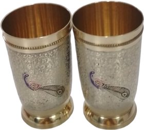 METALCRAFTS Drinking Glass, set of 2, Brass, carving, Meena, handcrafted, capacity 250ml each, 10 cm