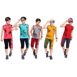 Kavin's 3/4th Pant with Sleeveless Tees for Kids, Pack of 5, Unisex, Multicolored - Rapid