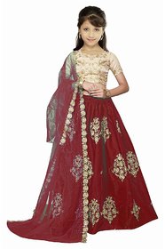 F Plus Fashion Girl's Embroidered Taffeta Satin Semi-Stitched Lehenga Choli (Navy Blue, 8-13 Years)