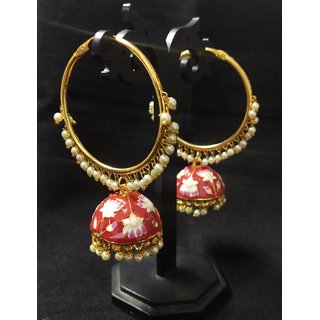                       Ethnic Indian Bollywood Red Pink Meenkari Hoop Jhumki Earrings Set                                              