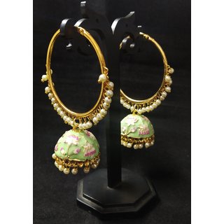                       Ethnic Indian Bollywood Mint Green Pink Meenkari Hoop Jhumki Earrings Set                                              