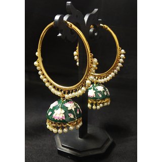                       Ethnic Indian Bollywood DarK Green Pink Meenkari Hoop Jhumki Earrings Set                                              