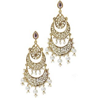                       Chandbali Pearl Kundan Ethnic Indian Bollywood Light Weight Earrings Set                                              
