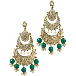                       Chandbali Green Pearl Kundan Ethnic Indian Bollywood Light Weight Earrings Set                                              