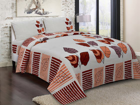 QUILT'N'RAZAI Cotton Double Bed Orange Brown Self Checks With Self Floral Leaves Print Bedsheet With Two Pillow Cover