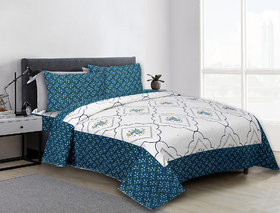 QUILT'N'RAZAI Luxury Cotton Double Heavy Floral Rama Green/Blue Border Leaves Print Bedsheet With Two Pillow Cover