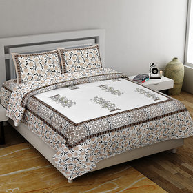 QUILT'N'RAZAI Pure Luxury Cotton Double Sunflower Checks Coffee Leaves Print Bedsheet With Two Pillow Cover