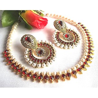                       Maroon Polki Pearl Necklace Set                                              