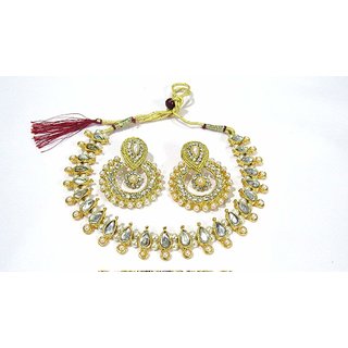                       White Kundan Pearl Polki Necklace Set                                              