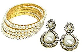 Pearl Bangles Set of 4 with Pearl Tilak Earring
