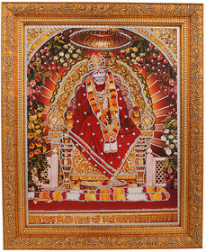 Shirdi Sai Baba Silver Zari Art Work Photo in Golden Frame Big (14 X 18 Inches) Religious Wall Dcor