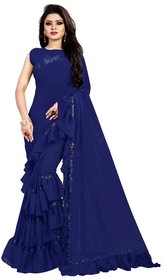 Aldwych Women's Blue Georgette Ruffle Saree With Blouse