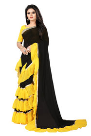 Aldwych Women's Black  Yellow Georgette Mix Ruffle Saree With Blouse
