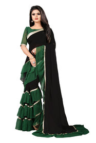 Aldwych Women's Black  Green Georgette Mix Ruffle Saree With Blouse