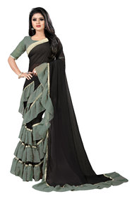 Aldwych Women's Black  Olive Georgette Mix Ruffle Saree With Blouse