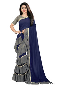 Aldwych Women's Navy Blue  Grey Georgette Golden Border Ruffle Saree With Blouse