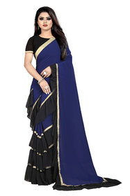Aldwych Women's Navy Blue  Black Georgette Golden Border Ruffle Saree With Blouse