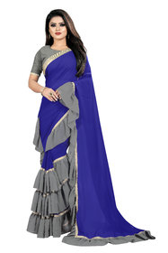 Aldwych Women's Royal Blue  Grey Georgette Golden Border Ruffle Saree With Blouse