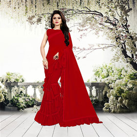 Aldwych Women's Red Georgette Ruffle Saree With Blouse