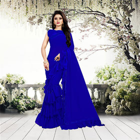Aldwych Women's Blue Georgette Ruffle Saree With Blouse