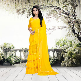 Aldwych Women's Yellow Georgette Ruffle Saree With Blouse