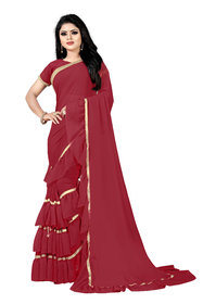 Aldwych Women's Dusty Red Georgette Ruffle Saree With Blouse