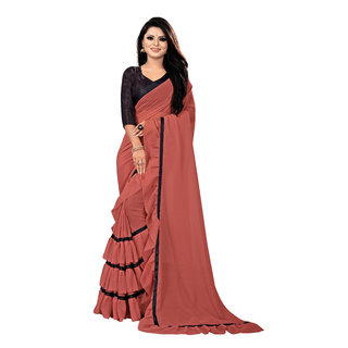 Aldwych Women's Dusty Red Georgette Ruffle Saree With Blouse