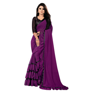 Aldwych Women's Purple Georgette Ruffle Saree With Blouse