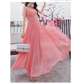 Buy Westchic Peach Plain Georgette Long Dress Online 699 from