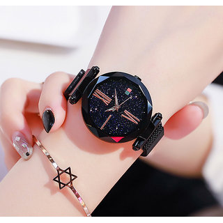 HRV Black Ladies Starry Sky star Magnet Buckle Mesh Belt Watches Casual Quartz Watch For For Women
