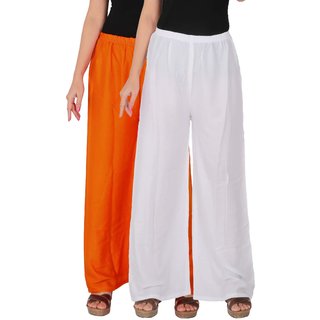                       Palazzo - Culture the Dignity Women's Rayon Solid Palazzo Ethnic  Pants Palazzo Ethnic Trousers Combo of 2 -  Orange -  White -  CRPZOW -  Pack of 2 -  Free Size                                              