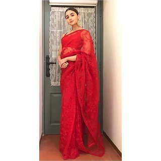 salwar soul Alia Bhatt Bollywood SabhaysachiChanderi Cotton Embroidered Red Saree