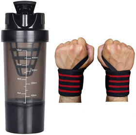 Eastern Club Shaker Bottle with Protein Compartments for  Pill Storage with Gym Wrist Support Band 1 Pair