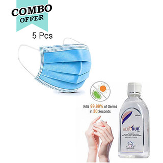 Blue Surgical Mask (Band Type, Pack of 5) & 100ml Alcorub Hand Sanitizer
