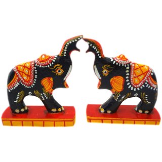 STE Hand painted Elephant wooden animal figurines pack of 2 multicolor
