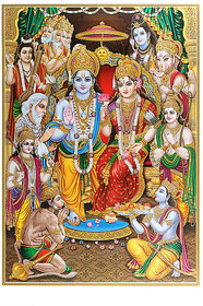 Ram Sabha Golden Zari Art Work Multicolor Poster Without Frame Big (24 X 36 Inches) Religious Wall Decor