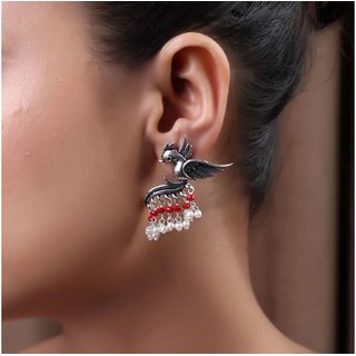                       Fly with the Bird Silver Look Alike Earring with Red  White Pearls                                              