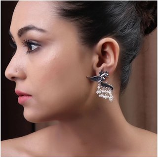                       Fly with the Bird Silver Look Alike Earring with White Pearls                                              