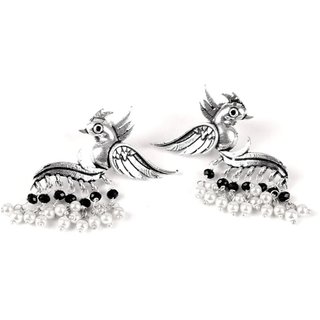                       Fly with the Bird Silver Look Alike Earring with Black  White Pearls                                              
