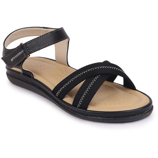 Buy Bata Comfit Women's Black Cushioned Leather Flat Sandals Online ...