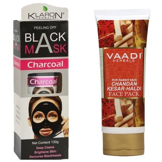                       Vaadi Herbals Chandan Kesar Haldi Fairness Face Pack and Klaron Herbals Charcoal Peel Off Blackhead Remover Black Mask                                              