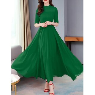                       Raabta Green Mishti Long Dress With Elbow Sleeves                                              