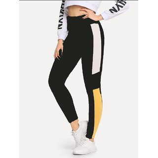 Women's / Girl's Side White Black Yellow Block Stripe Printed  Legging Tight's  Gym Wear Yoga Wear Sport's Wear