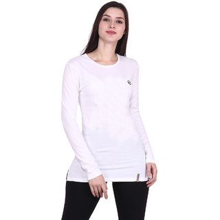 Shellocks Cotton Hosiery Round Neck Full Sleeves White T-shirt for Women