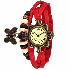 MASTRENA Butterfly Round Dial Light Red Dori Strape Watch for Women and Girl-Tiger40