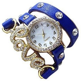 Mastrena Blue Leather Strap Diamond Case Analog Womens Watch - Tiger27