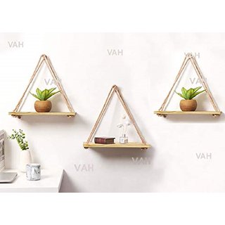                       VAH Wall Hanging Shelf, 3 Set of Real pine Wood Floating Shelves for Wall Rustic Rope Shelves Plant Shelf Farmhouse Dec                                              